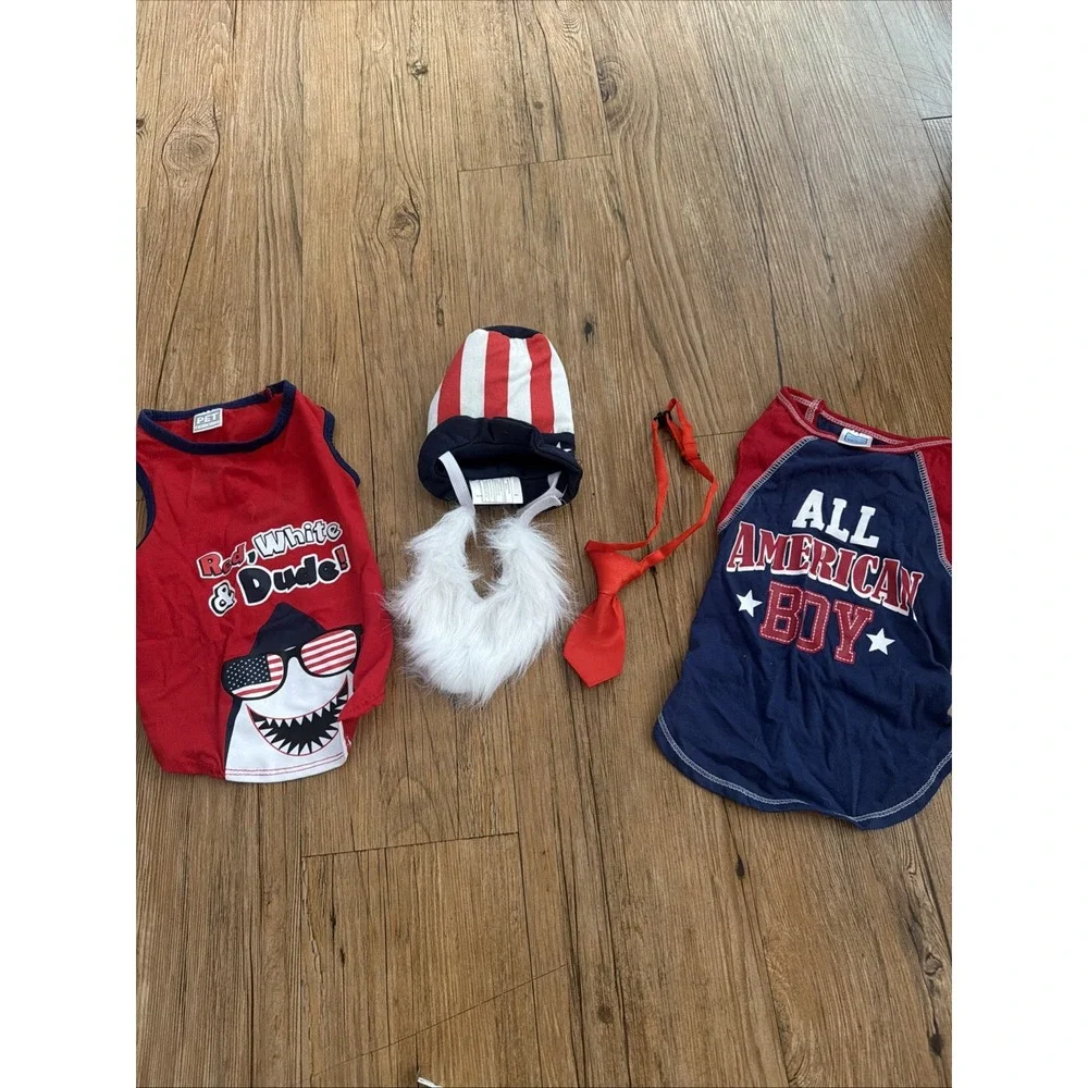 dog clothes lot 4th Of July Themed Red White Blue Shirts Hat Tie Size S/m